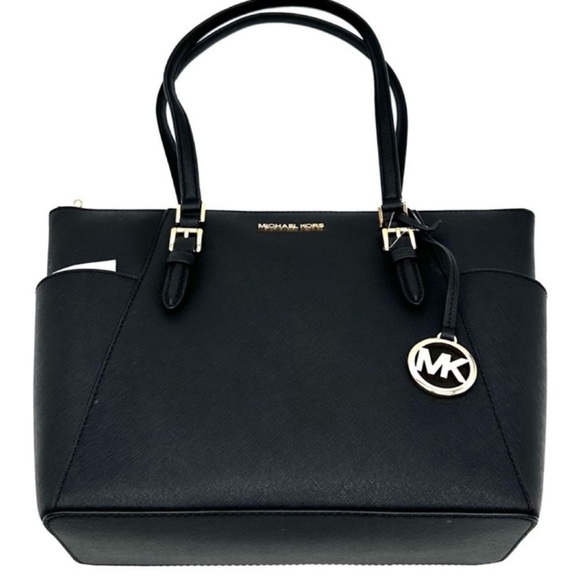 Michael Kors Large Charlotte Tote Bag Leather Black/Gold - Picture 11 of 12